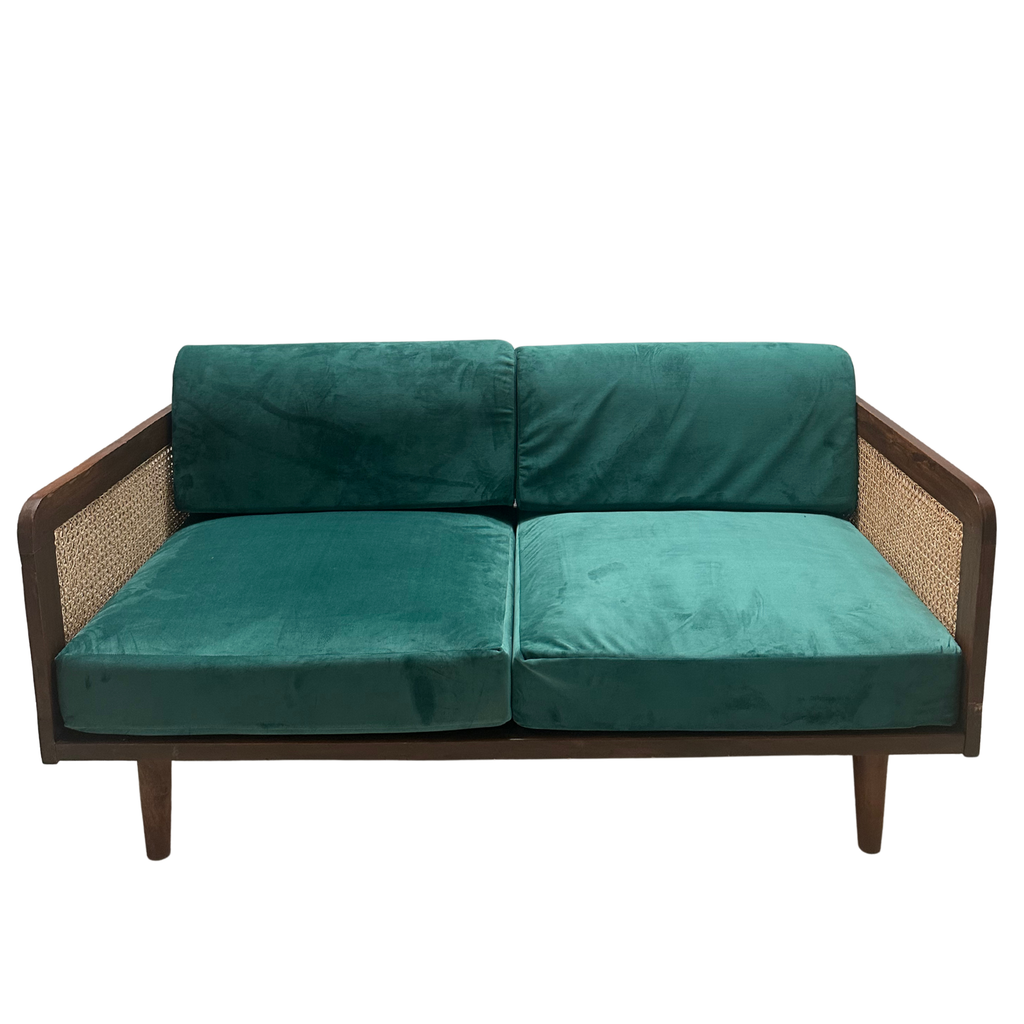 Epsom Wooden Three Seater Green Velvet Sofa with Handwoven Rattan Arms