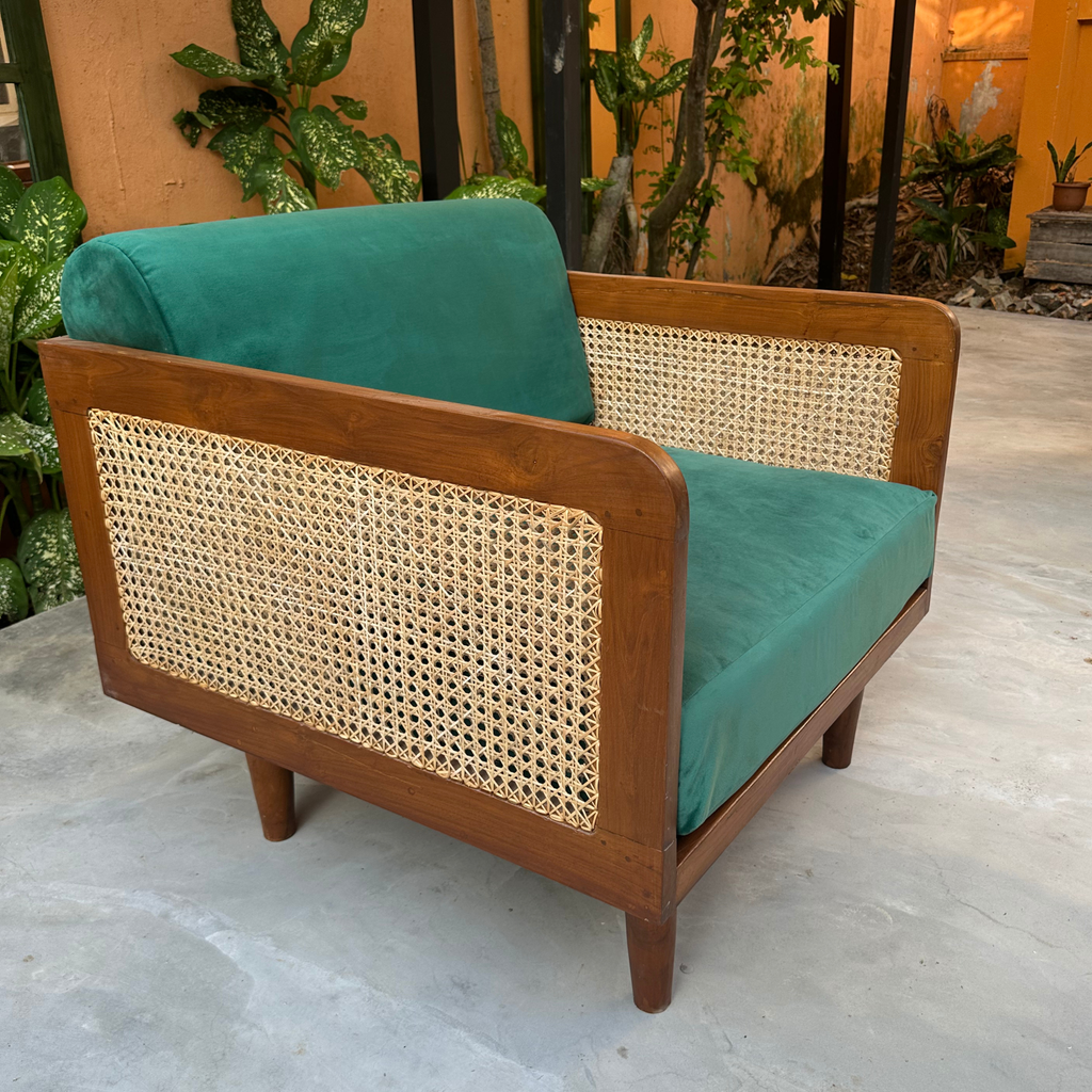 Epsom Wooden One Seater Green Velvet Sofa with Handwoven Rattan Arms