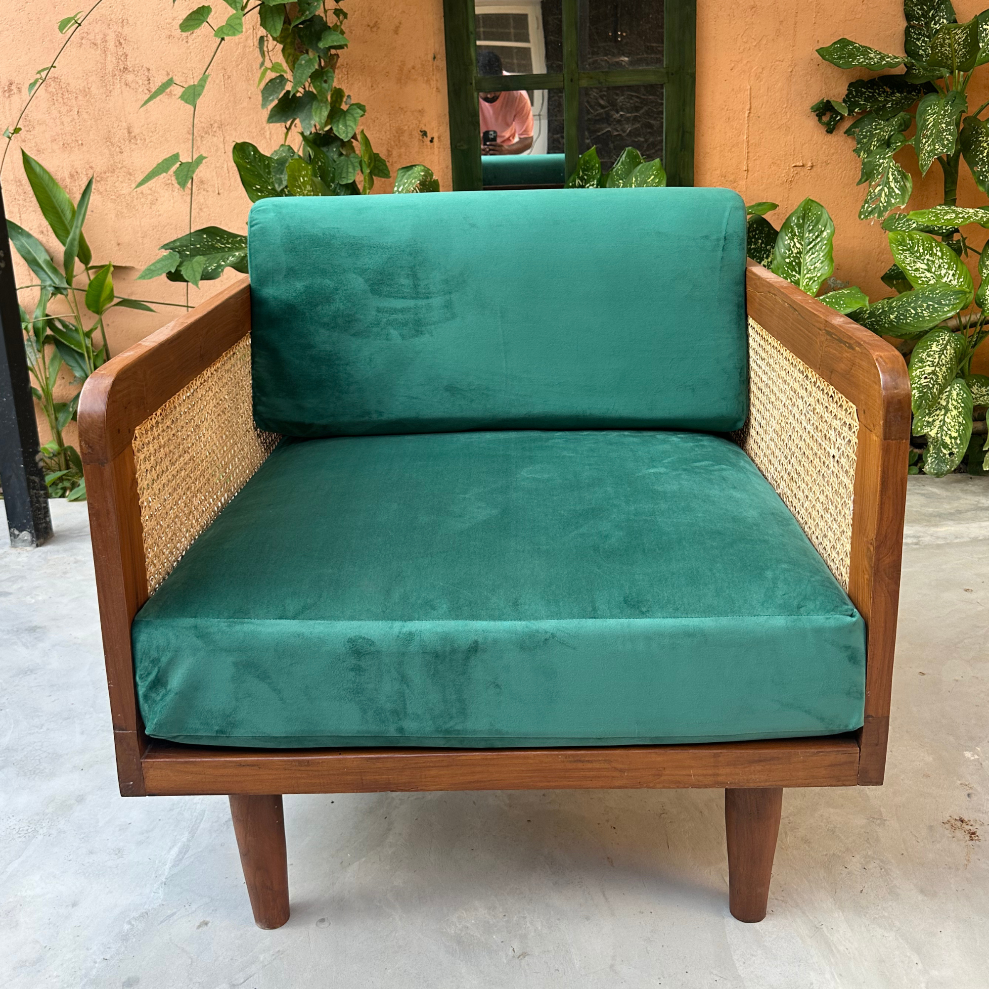 Epsom Wooden One Seater Green Velvet Sofa with Handwoven Rattan Arms