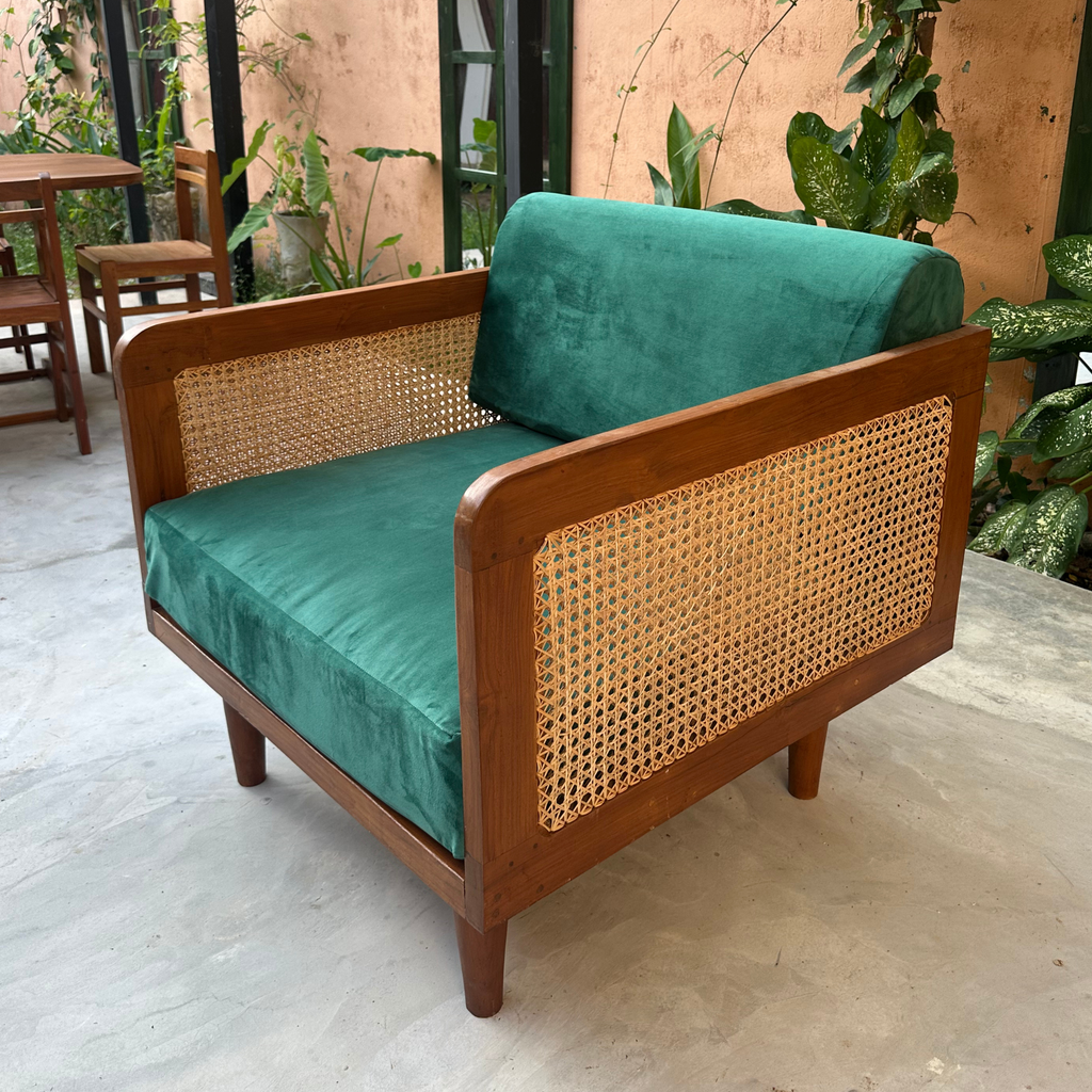 Epsom Wooden One Seater Green Velvet Sofa with Handwoven Rattan Arms