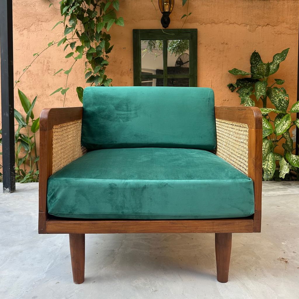 Epsom Wooden One Seater Green Velvet Sofa with Handwoven Rattan Arms