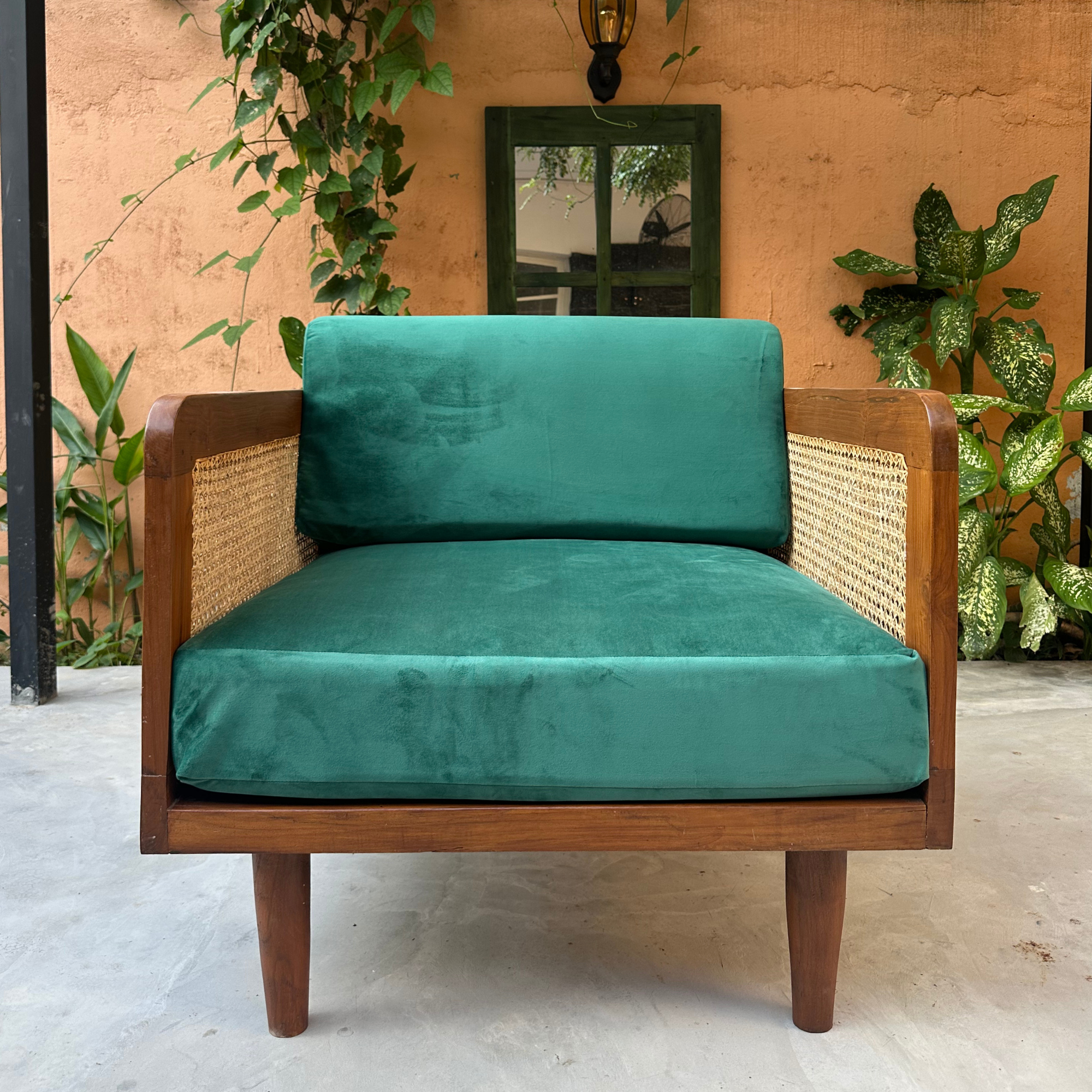 Epsom Wooden One Seater Green Velvet Sofa with Handwoven Rattan Arms