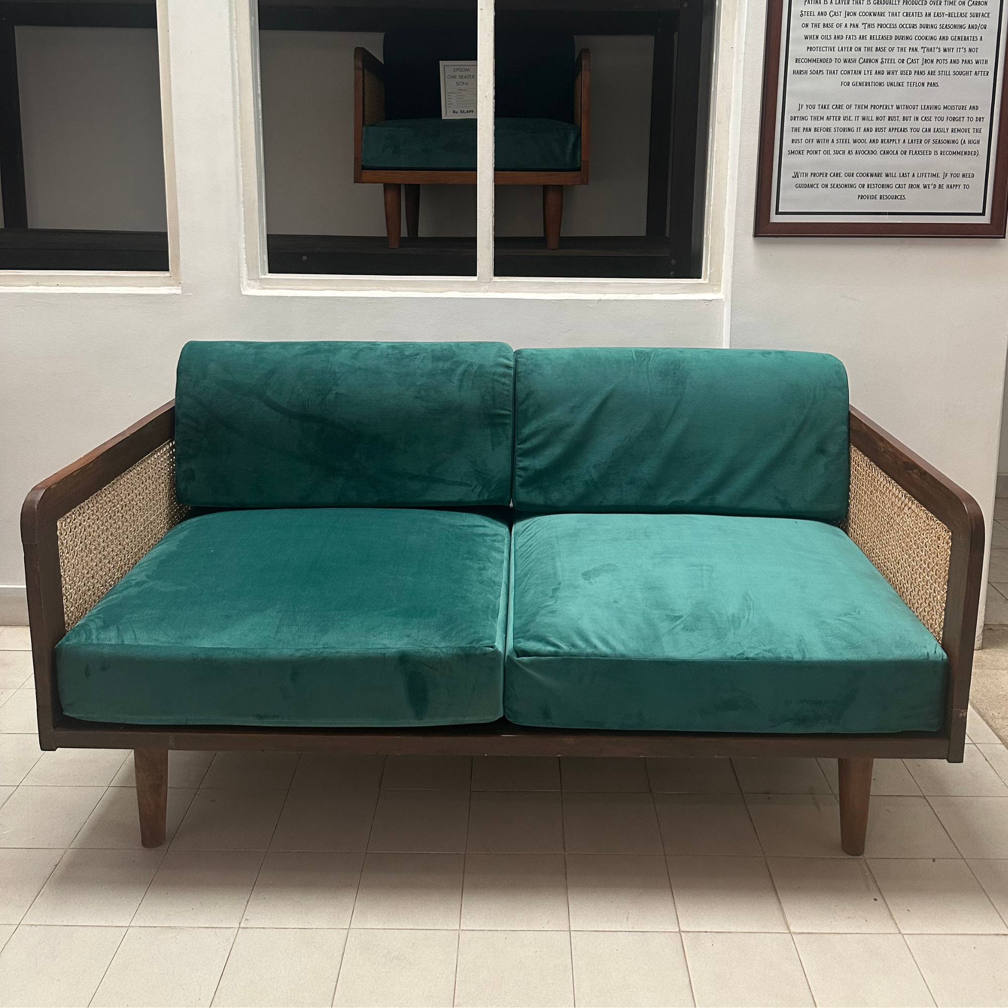 Epsom Wooden Three Seater Green Velvet Sofa with Handwoven Rattan Arms