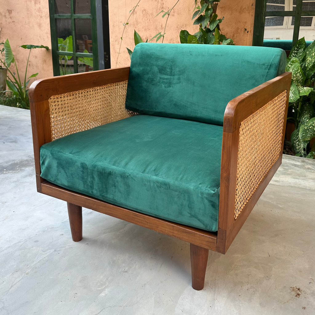 Epsom Wooden One Seater Green Velvet Sofa with Handwoven Rattan Arms