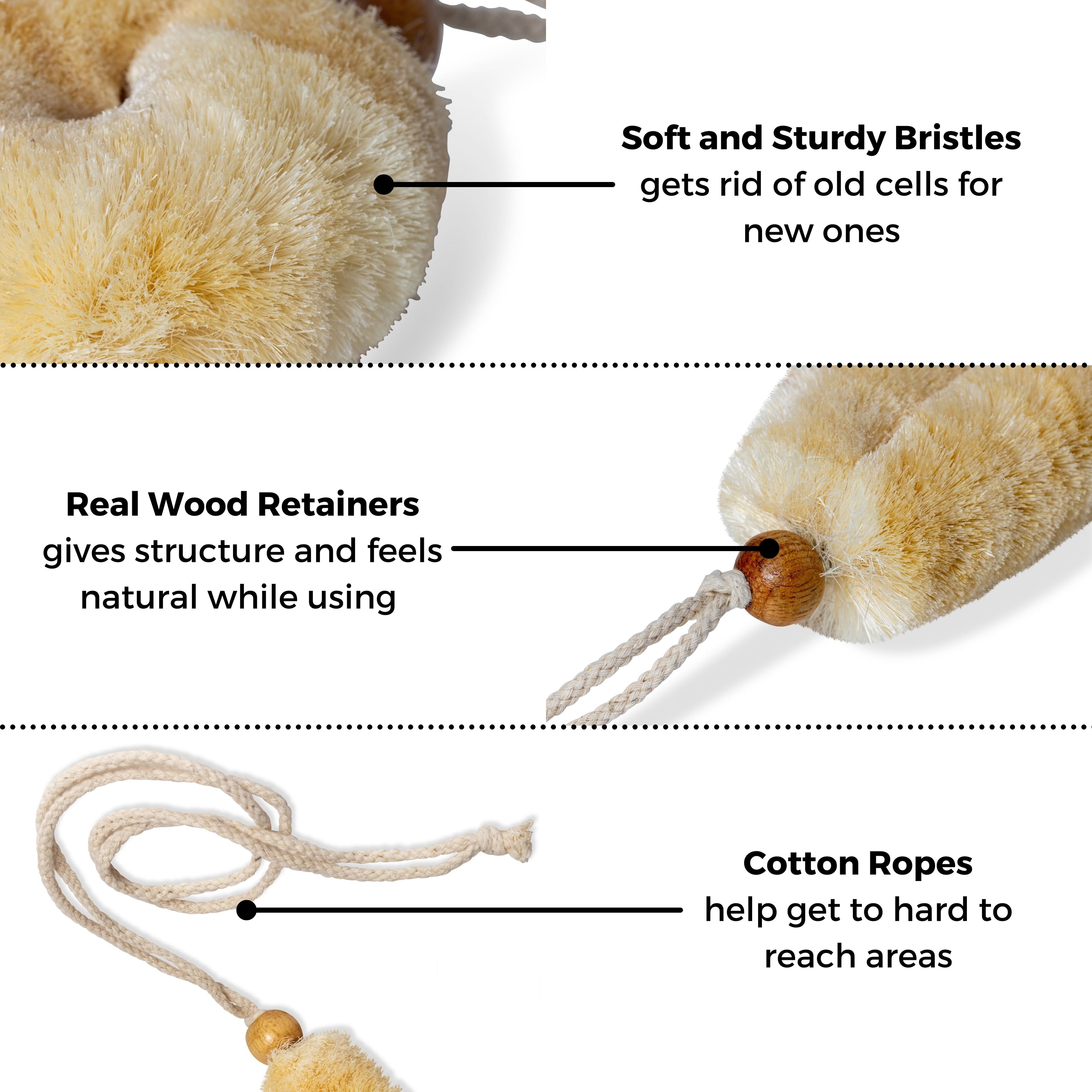 Set of 3 Exfoliating Body Scrubbers Natural Sisal Fiber