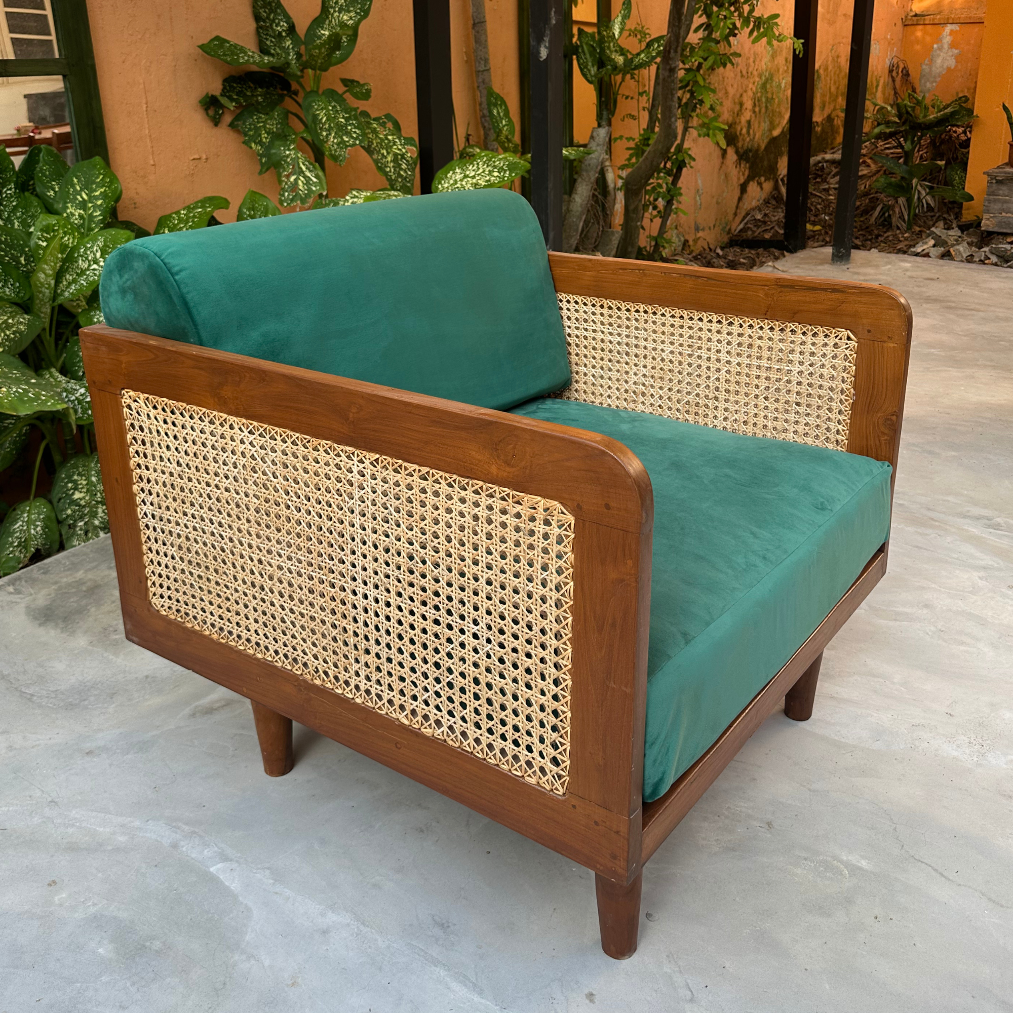 Epsom Wooden One Seater Green Velvet Sofa with Handwoven Rattan Arms