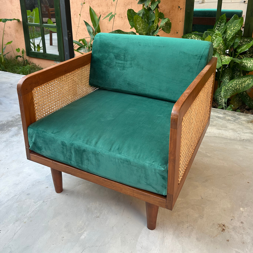 Epsom Wooden One Seater Green Velvet Sofa with Handwoven Rattan Arms