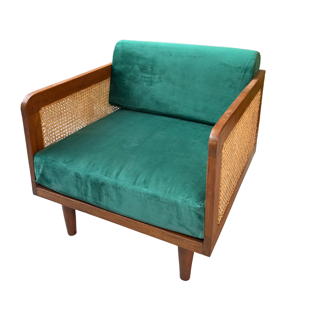 Epsom Wooden One Seater Green Velvet Sofa with Handwoven Rattan Arms